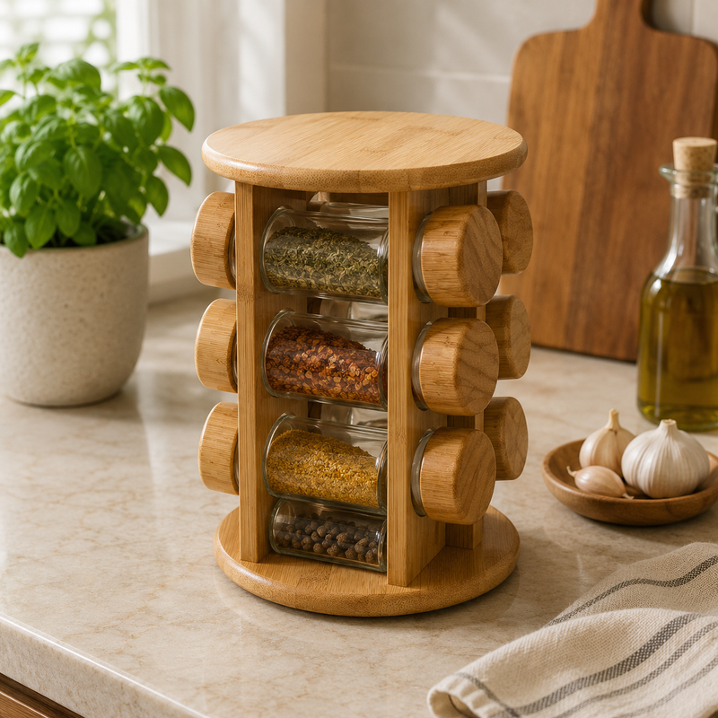 Porta Temperos Giratório | 12 Potes em Bambu Luxo para Cozinha