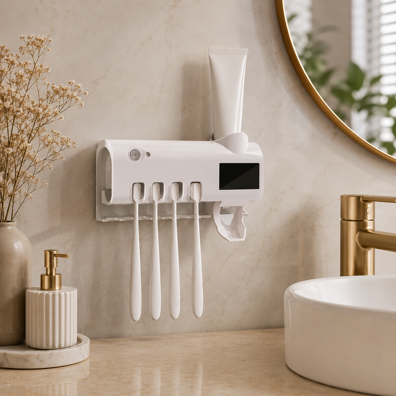 Dispenser de Pasta com UV | 3 em 1 Porta Escovas e Esterilizador